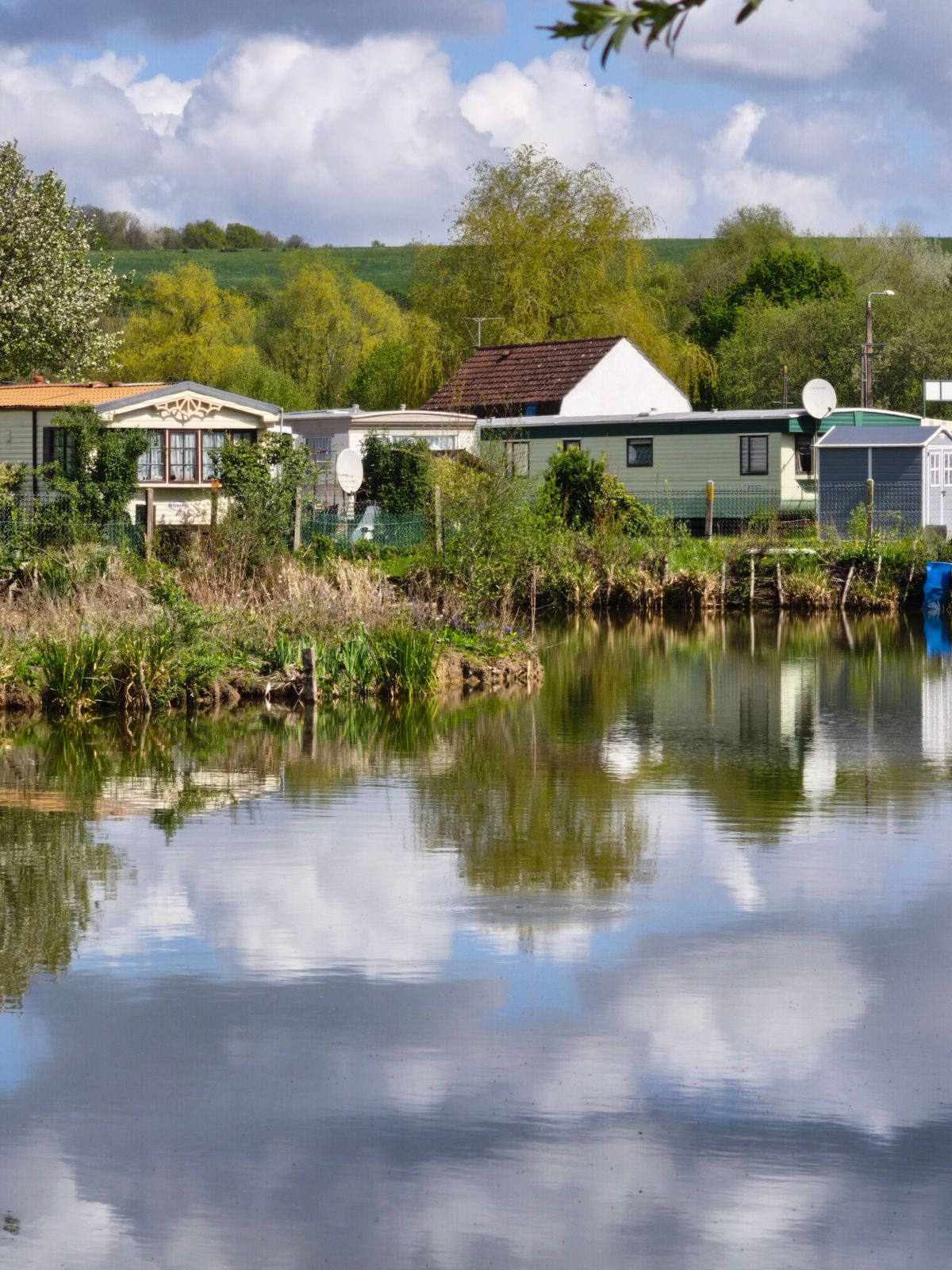 Manufactured homes among trees beside a calm pond