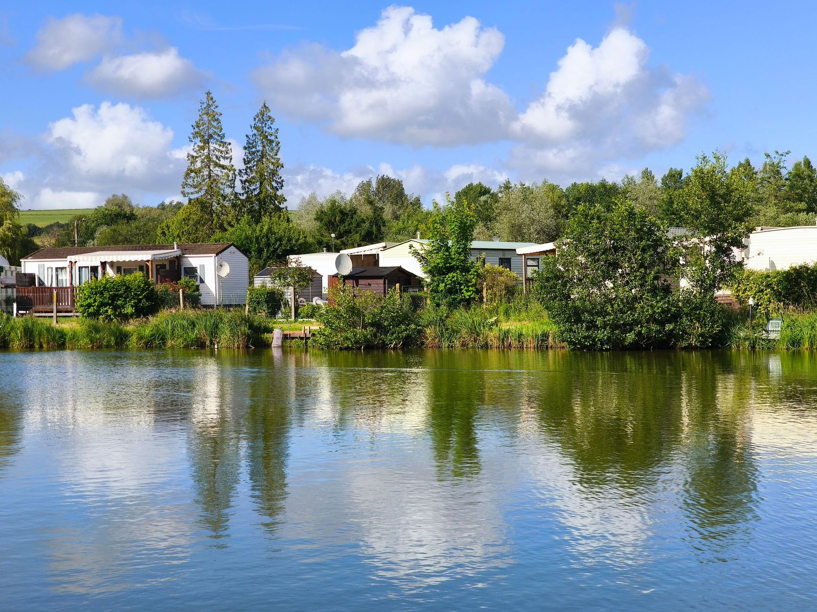 Manufactured homes and trees reflected in a pond on a sunny day